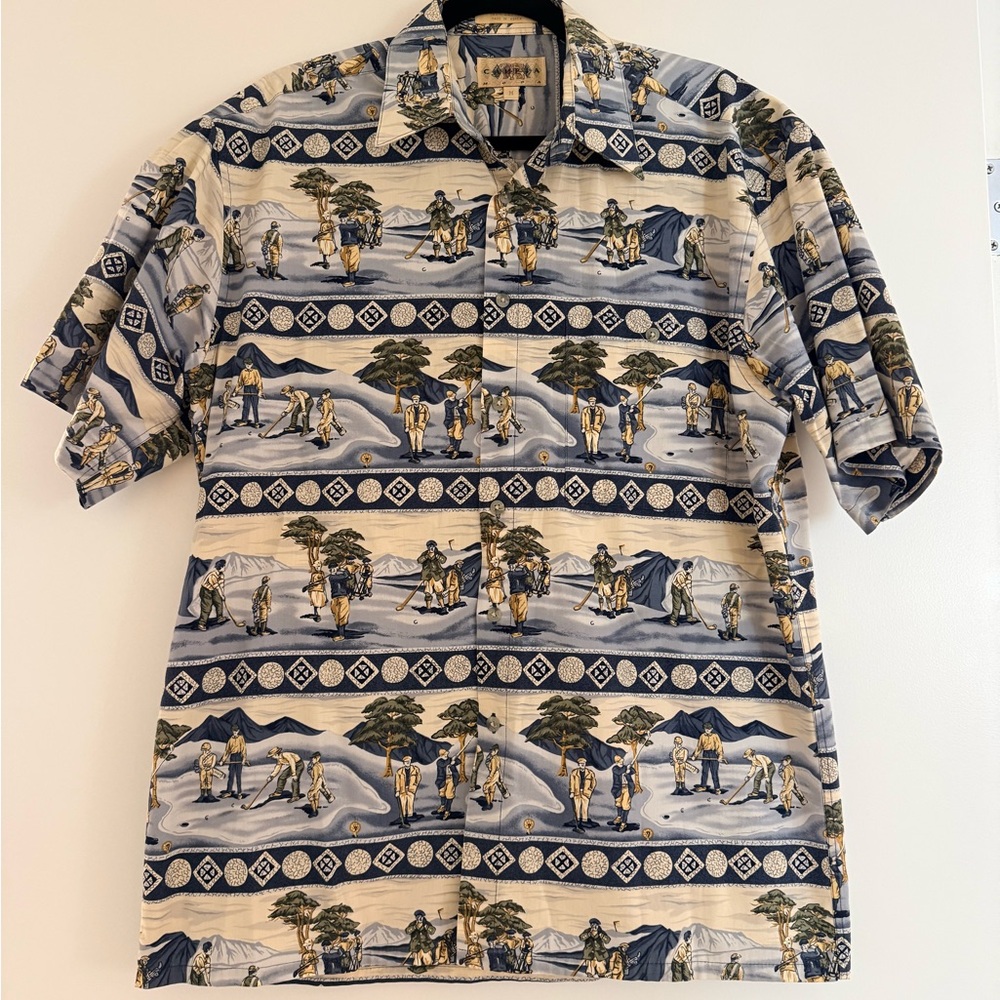 Vintage-Inspired Men’s Short-Sleeve Button-Up Shirt - Blue & White Print